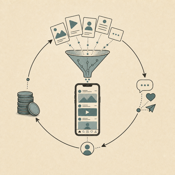 Content flows through an algorithm into a personalised feed and loops back