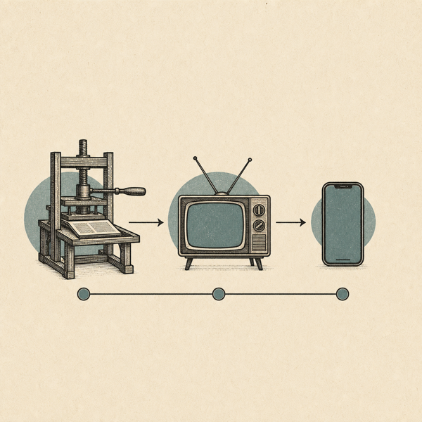 A printing press changes into a television and then a smartphone