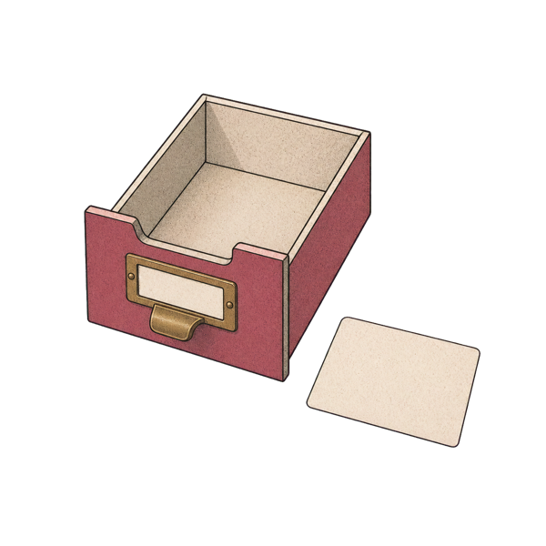 An empty card-index drawer with one blank card ready to add