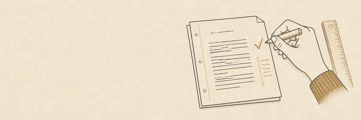 A marker's hand assesses a script with a tick, margin note, and measuring rule