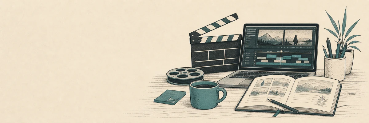 A maker's desk with a clapperboard, edit timeline, and reflective notebook