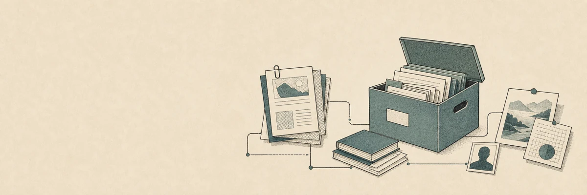 Linked documents sit beside an open archive box