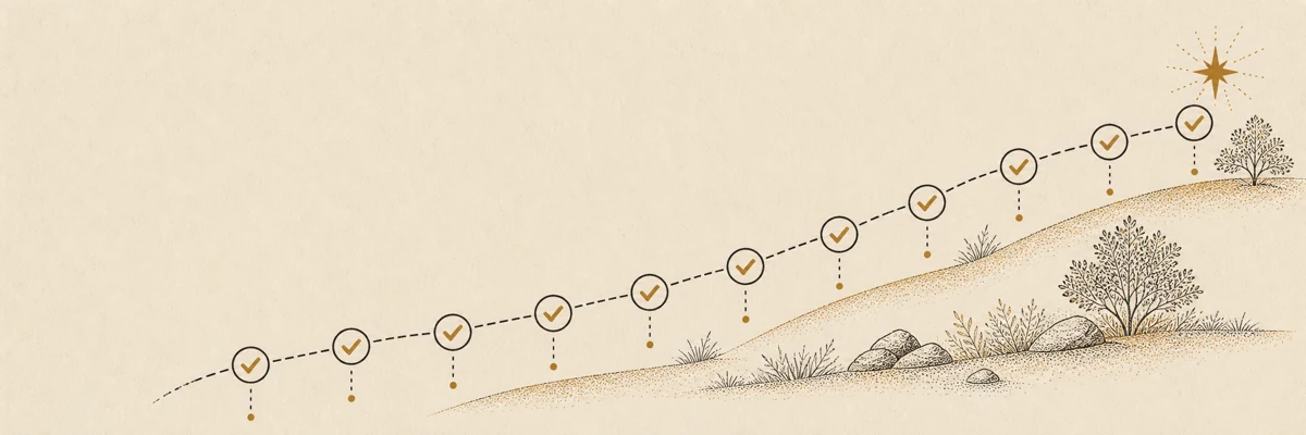 A ten-step checklist path climbs steadily upward