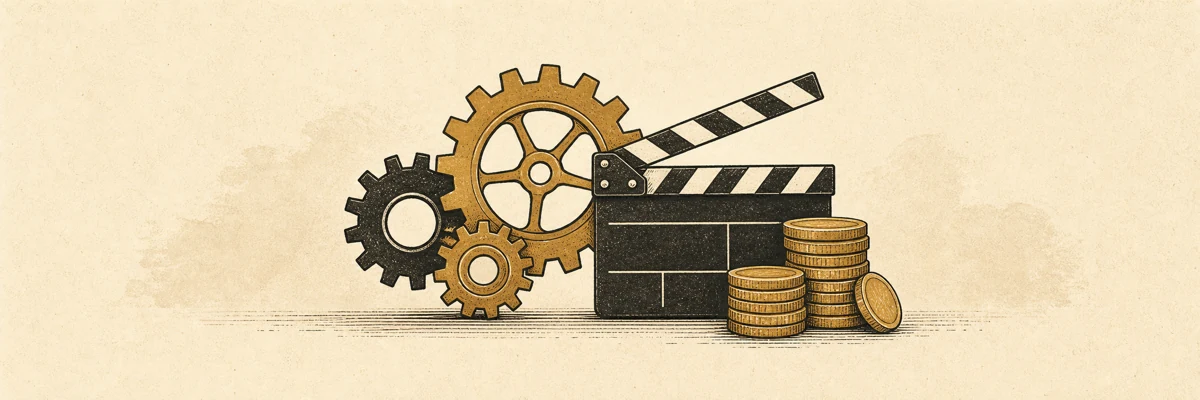 Gears, a film clapperboard, and coins representing media production and funding