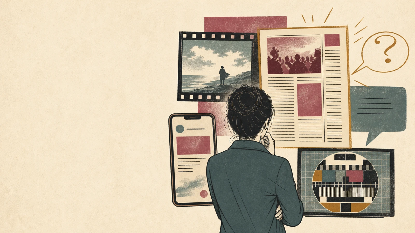 A student studies and questions a collage of film, news, phone, speech, and television media