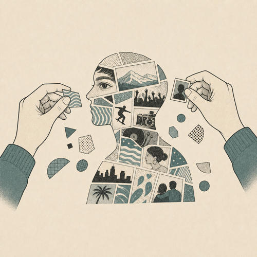 Hands assemble media fragments into a personal identity collage